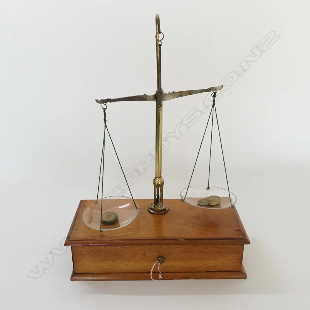 SET OF OAK CASED BRASS SCALES w GLASS PANS, SELECTION OF WEIGHTS. W.235mm Image 1++